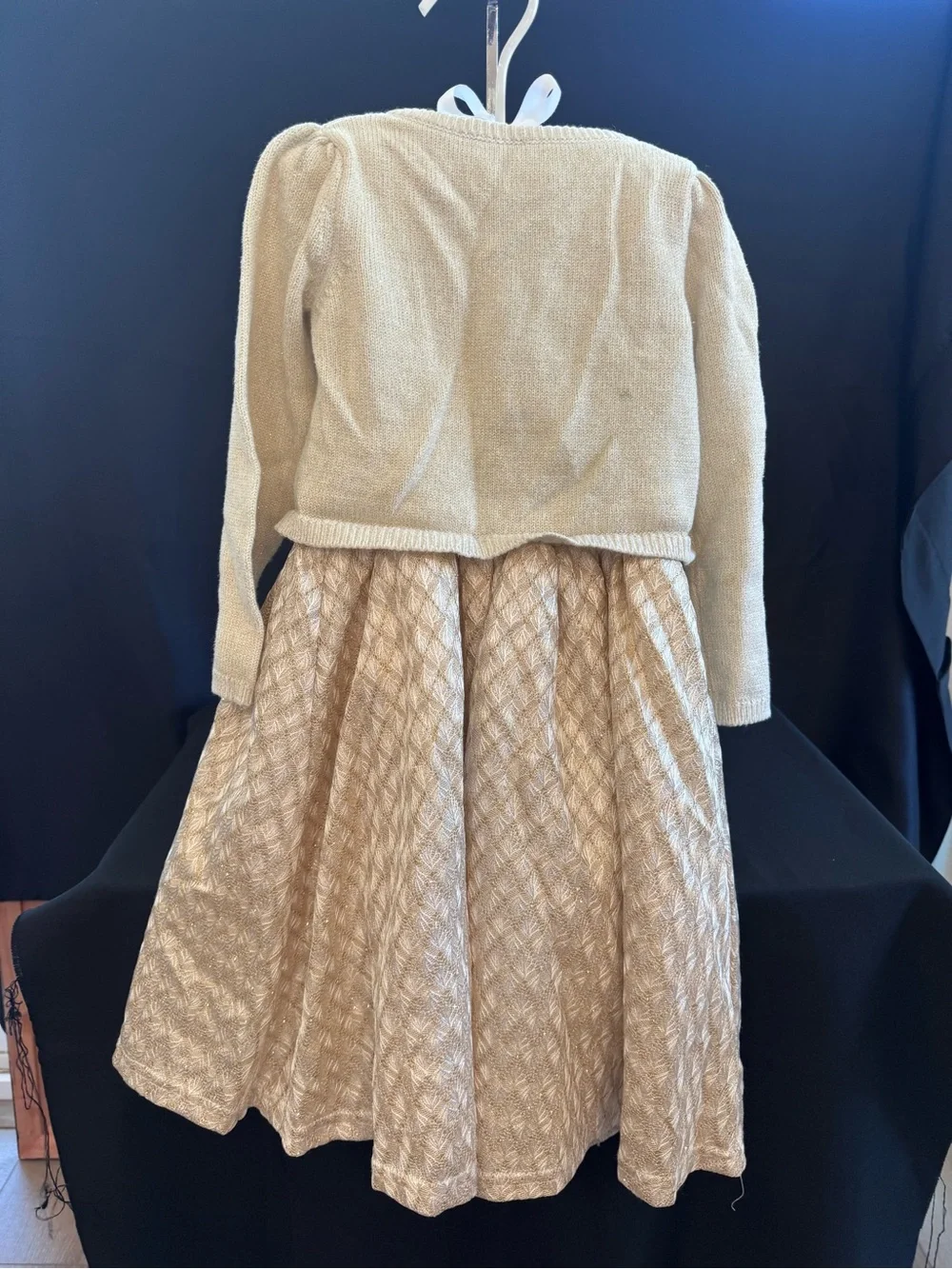 Tahari Cream and Gold Textured Fit-and-Flare Dress with Bolero
